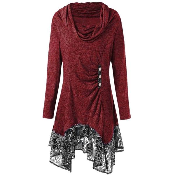 

casual dresses autumn lace patchwork dress women pile neck long sleeve button irregular hem elegant oversized vestido mujer 40#, Black;gray
