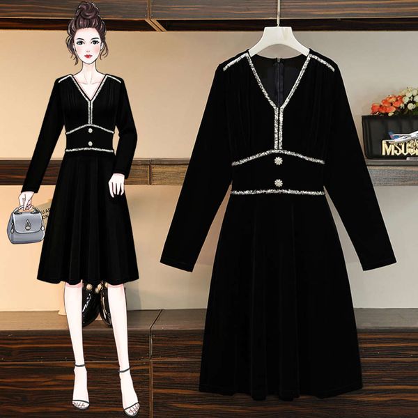 

golden velvet early spring 2020 new large women's dress fat sister show thin french hepburn style skirt, Black;gray