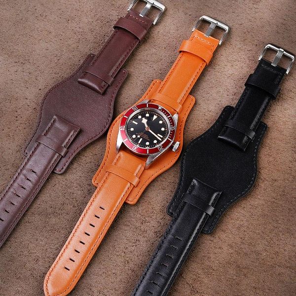 

watch bands watchband genuine leather wristband with tray bracelet stainless steel buckle handmade strap 22 24mm for fs4656 pam, Black;brown