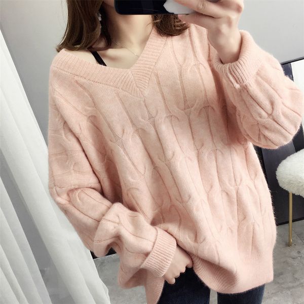 

2021 new sweater v-neck women fashion autumn knitwear solid loose pullovers coat female blouse knit outwear x76l, White;black