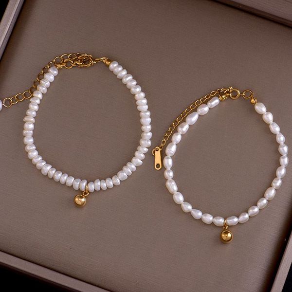 

link, chain stainless steel fadeless natural small rice fresh water pearl advanced sense sweet bracelet women light luxury ins gift, Black
