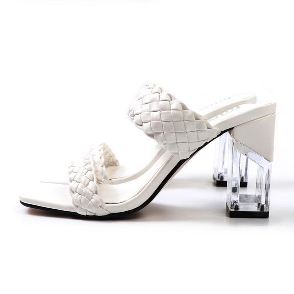 

slippers women transparent square heel female summer high heels toe sandals slides ladies shoes braided rope hy123, Black