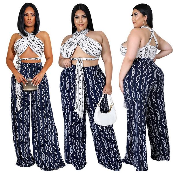 

plus size tracksuits 2 piece sets womens fall 2021 sleeveless crop + wide leg pants two boho printed lady clothes outfits