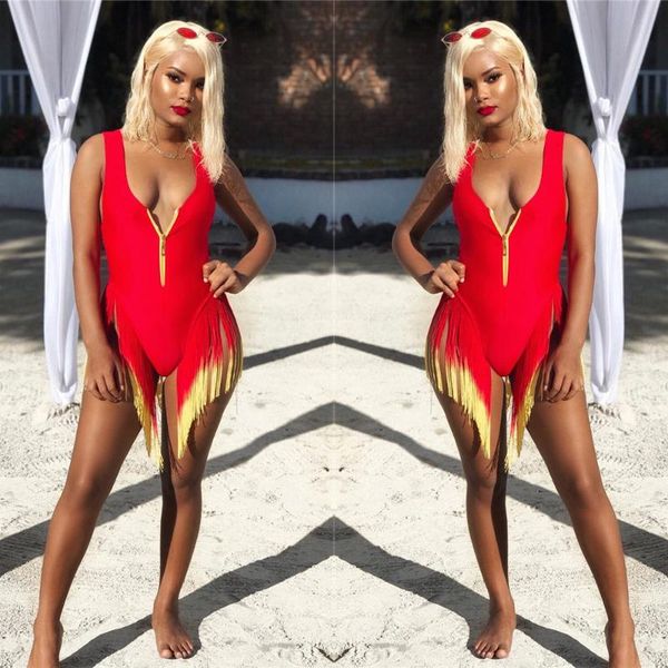 

bkld sleeveless tank bodysuit 2021 summer romper party clubwear zipper deep v neck bodysuit women tassel red, Black;white