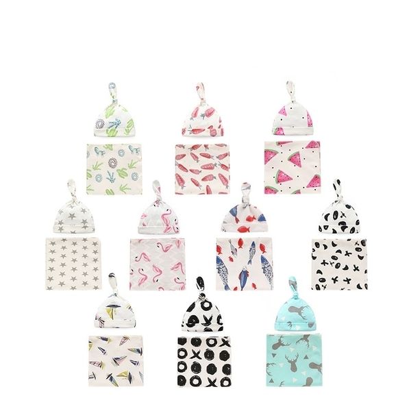 

newborn swaddle wrap+hat infant cotton receiving baby slwaddle blanket 2pcs sets for 90*90cm 210309