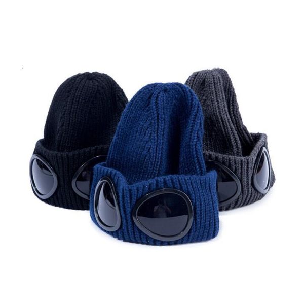 

new two glasses goggles beanies men autumn winter thick knitted skull caps outdoor sports hats women uniebeanies black grey, Blue;gray