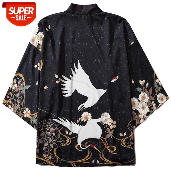 

Hip Hop Crane Flying Printed 2020 Summer Casual Tops Japanese Style Jackets Men Fashion Streetwear Front Open Coats #vk7n, Black;brown