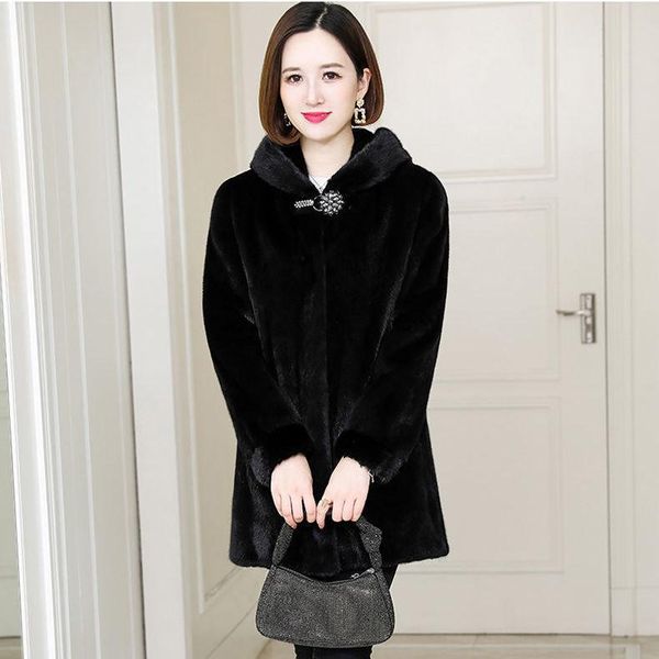 

women's fur & faux women 2021 autumn winter thick warm coat female hooded loose plus size jackets lady imitation mink outerwear y621, Black