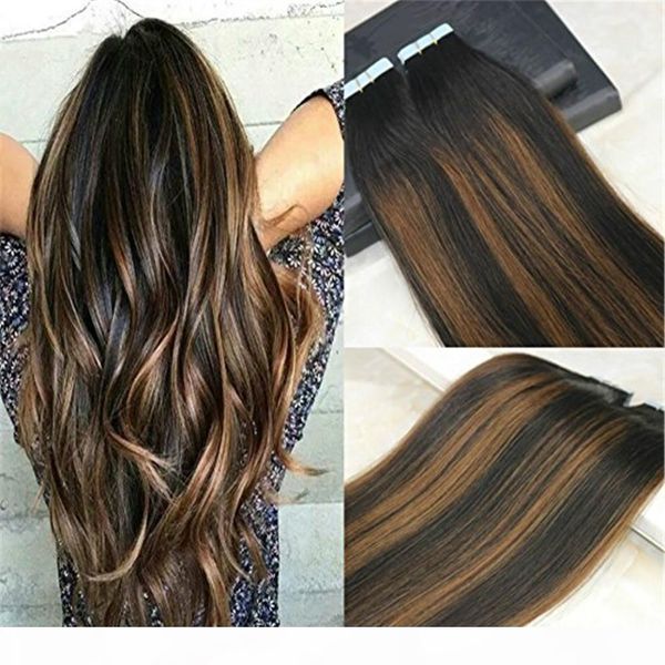 

human hair tape in extensions ombre glue in remy hair extensions balayage color #1b dark roots fading to #4 chocolates brown 40pcs 100g, Black