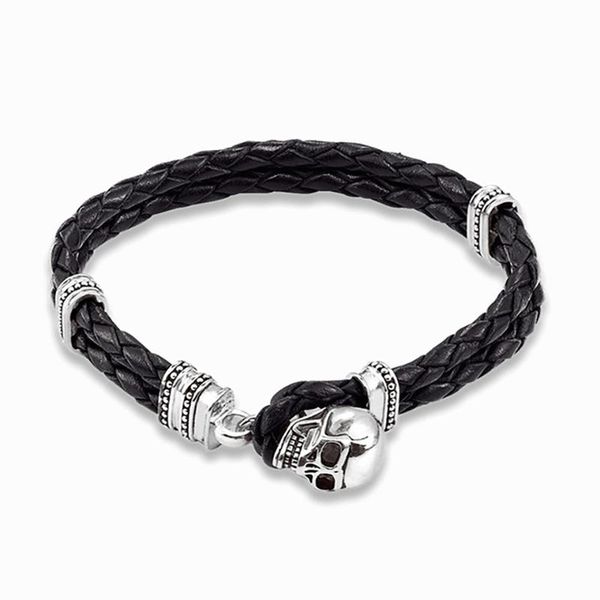 

cuff 16mm double woven black leather skull bracelets punk style rebel skeleton silver fashion good jewelry for women men gifts, White