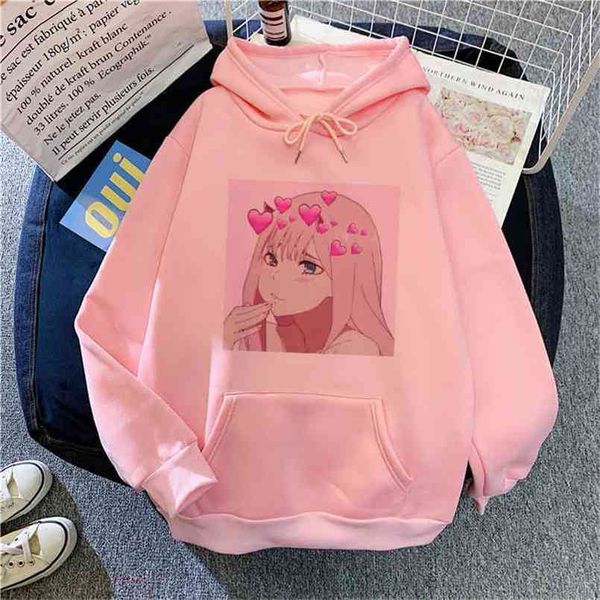 

japanese anime zero two-darling in the franxx hoodie kawaii women harajuku cute cartoon print loose sweet hooded sweatshirt 210809, Black