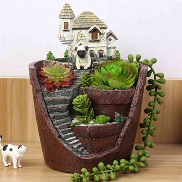 Mini Maison Figurines Résine Pot De Fleur pour Herbe Cactus Plantes Succulentes Planteur Goutte 210922
