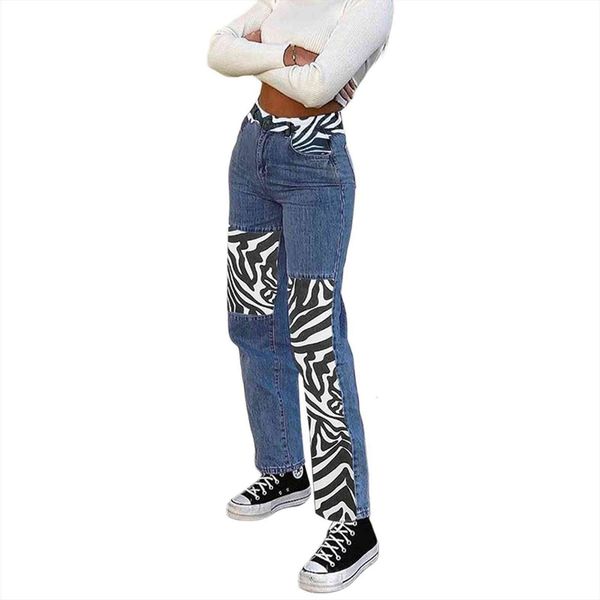 

spring high waist zebra stripe womens pant printed jeans loose straight casual pants style blue black s  l xl, Black;white