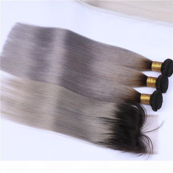 

#1b grey ombre 4x4 lace front closure with bundles 4pcs lot dark roots silver grey ombre peruvian straight human hair weaves with closure, Black
