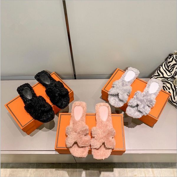 

luxurys designers women ladies wool slides winter fur fluffy furry letters sandals slippers warm comfortable fuzzy girl flip flop, Black