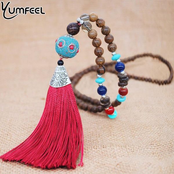 

pendant necklaces yumfeel brand original design vintage necklace handmade wooden nepal beads tibetan red tassel jewelry women, Silver