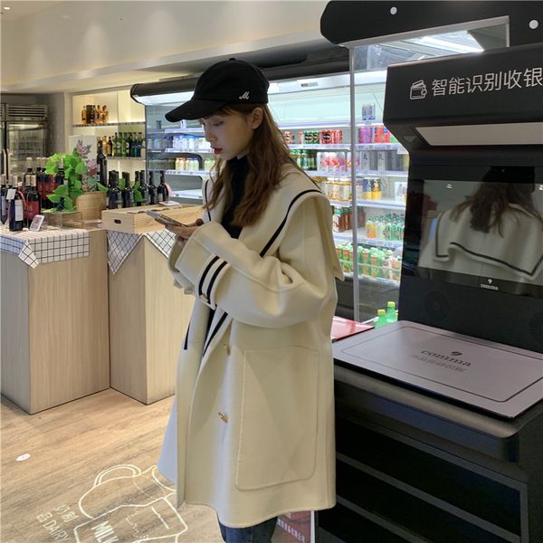 

academic style autumn navy lapel woolen coat female mid-long korean women's outerwear 2021 new spring faux wool coats rtm5, Black