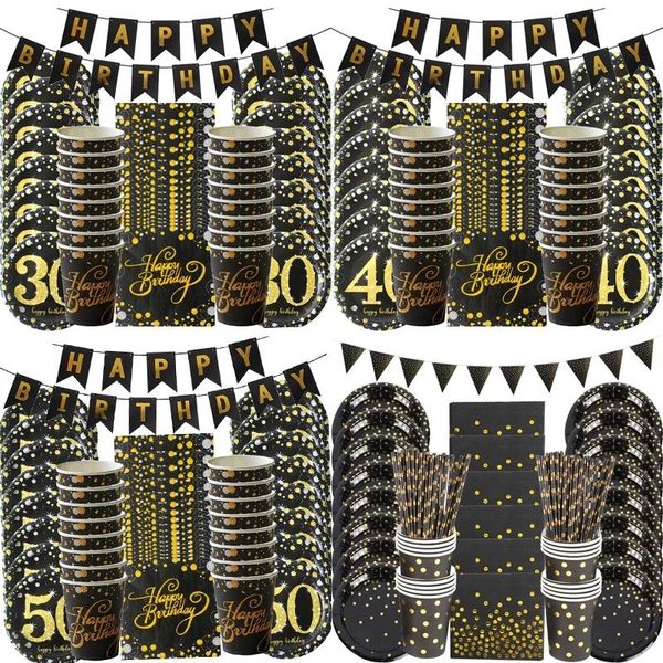 

disposable dinnerware 49pcs black gold dot tableware set 30 40 50 60th years birthday party decoration bronzing anniversary supplies