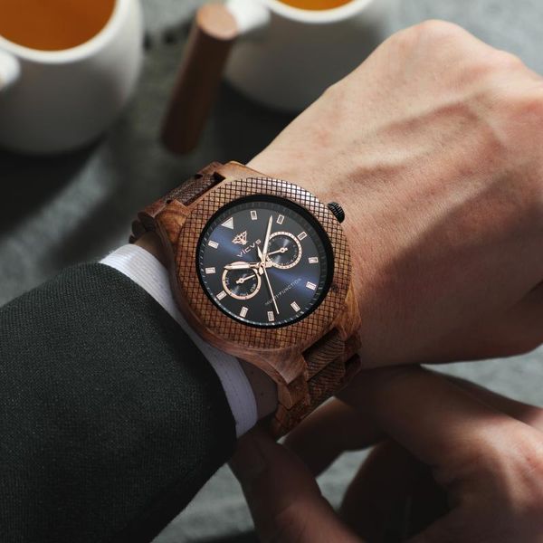 

wristwatches high-quality reloj hombre men's watch natural zebra walnut wooden chronograph movement quartz luminous pointer, Slivery;brown