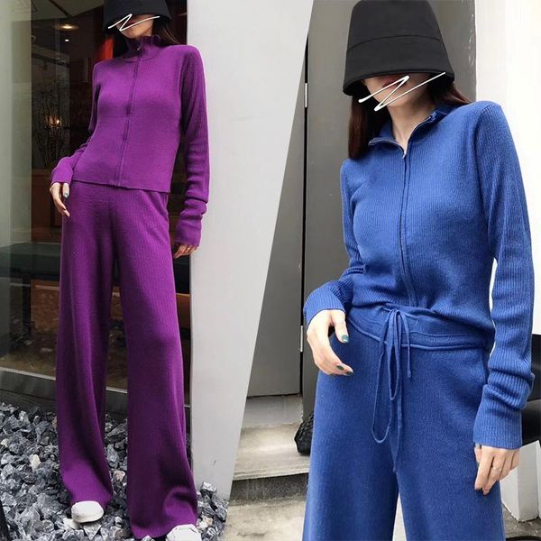 

2021 real drawstring full autumn new knit suit women's fashion cardigan zipper sweater and drape wide-leg pants two-piece trend, White