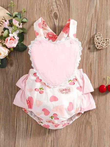 

baby cherry & heart print layered ruffle trim cami bodysuit she, Blue