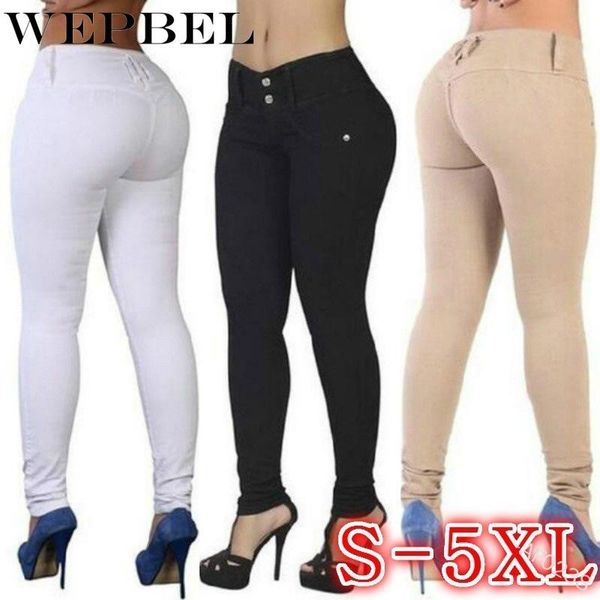 

wepbel women high waist elastic pencil jeans ladies slim fit hip lift long denim pants skinny trousers, Blue