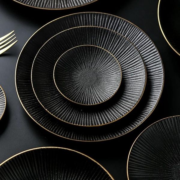 

dishes & plates ceramic plate black tableware gold dinner series