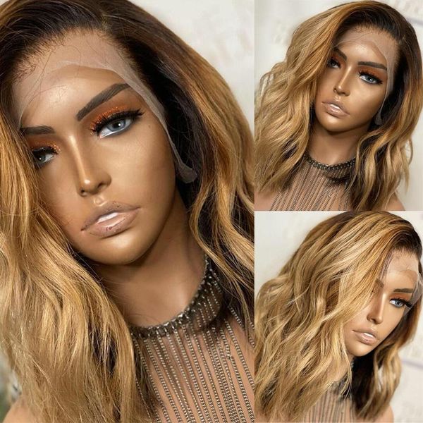 

lace wigs ombre honey blonde front human hair wavy bob wig 1b/27 brazilian remy closure for women glueless, Black;brown