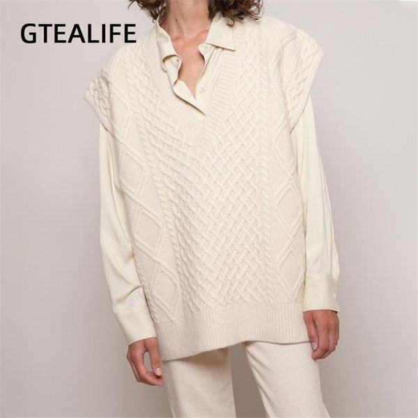 

gtealife women vest simple all-match style v-neck knitted sweater leisure student sleeveless female vintage sweater waistcoat 211006, Black;white