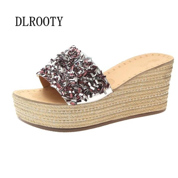 

sandals women slippers flip flops summer fashion bling wedges breathable non-slip shoes woman slides solid casual female, Black