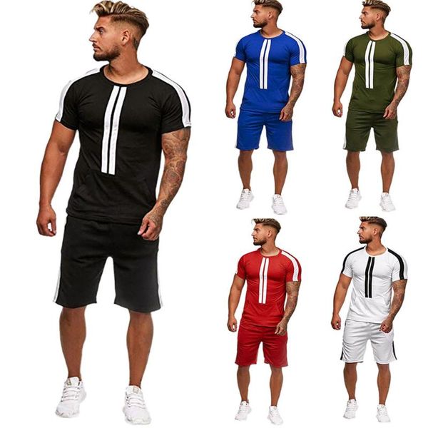 

mens casual set stripe stitching set summer short sleeve sports round collar polyester men 5 colors, Gray