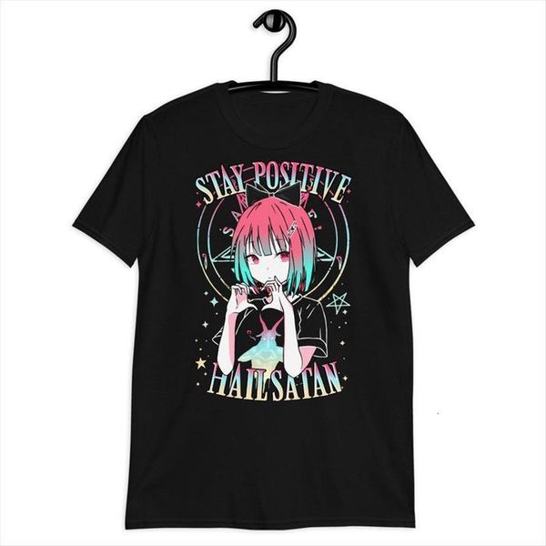 

stay positive hail satan, women t shirt kawaii egirl waifu, cute goth death metal clothing, fairy kei harajuku goth, urban, White