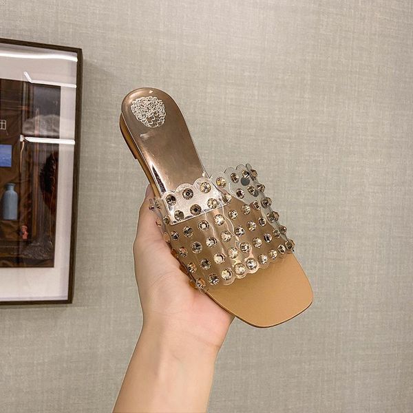 

summer women slippers fashion rivet rhinestone shoes woman open toe flat slides female outdoor casual beach slides ladies 2021, Black