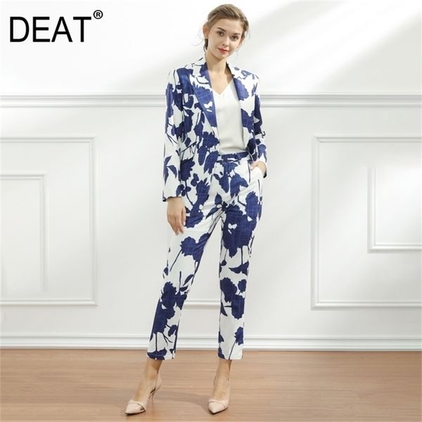 

[deat] spring fashion long sleeve v-neck single button blazer high waist printing pants women two-piece suit 13c969 210527, White