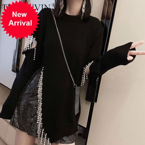

tvvovvin personality diamonds tassel sweater women clothes 2021 loose hollow out split pullover knitted fashion autumn d232, White;black