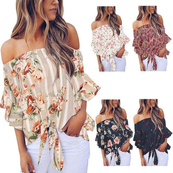 

women's t-shirt 2021 summer one shoulder tie floral flared sleeve european and american wear, White