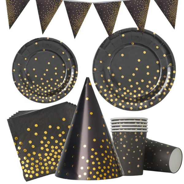 Stoviglie usa e getta Set di stoviglie di carta abbronzante con punti in oro nero Forniture per feste Decorazioni per matrimoni di compleanno Piatto per tazze dorato