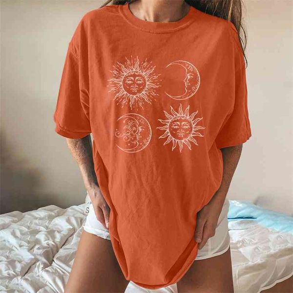 Весеннее солнце и луна Print Prollover Tee Tee летние женские свободные с короткими рукавами случайные круглые шеи личности печатная футболка 210623