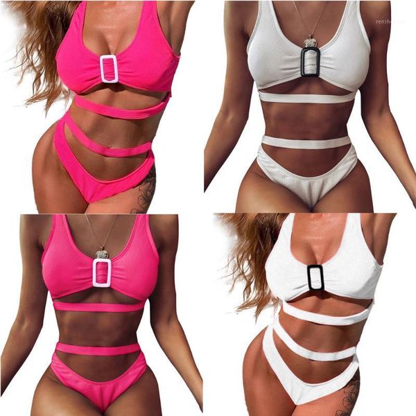 

women bikini strap cutout design 2 piece swimsuits set female solid color beachwear suit summer fashion 2021 women's swimwear, White;black