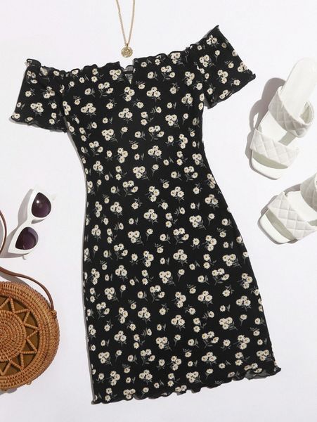 

plus off shoulder lettuce trim ditsy floral dress e5oc#, Black