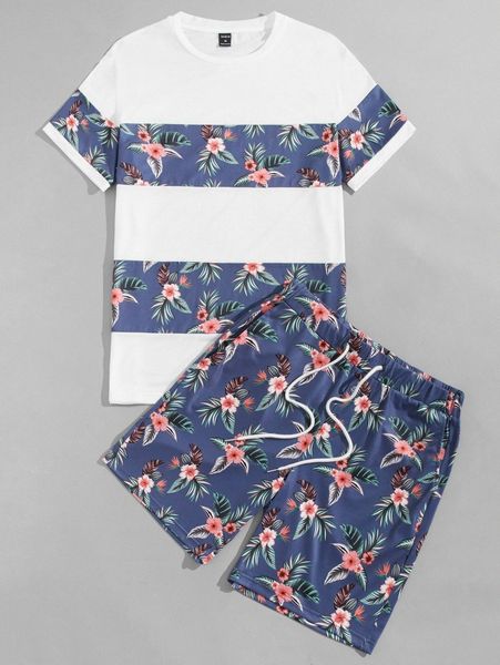 

men tropical print tee & drawstring waist shorts 97i1#, Gray