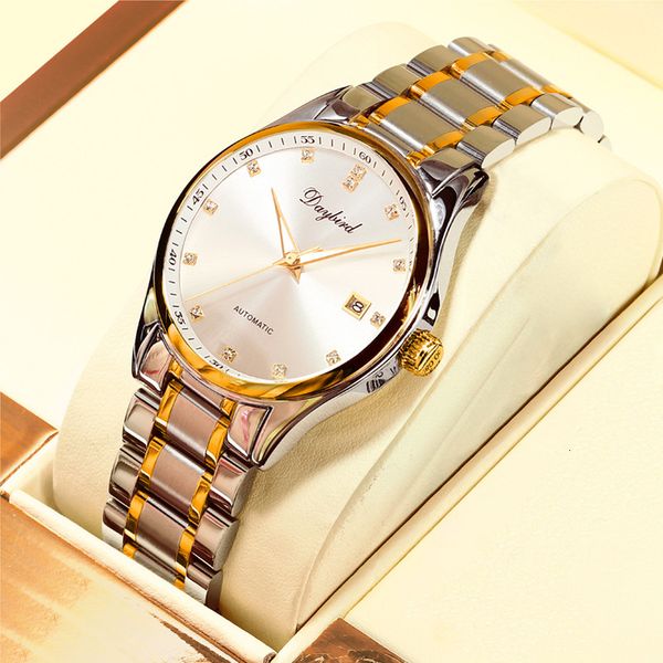 

watch proud bird men's mechanical full automatic hollow drill plate calendar luminous steel belt perspective back cover, Slivery;brown