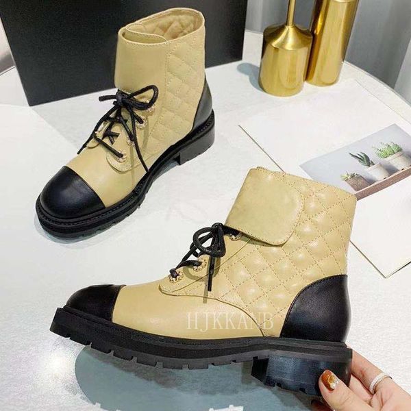 

boots genuine leather chunky heel women lingge chain mixed color lace up ankle autumn short, Black