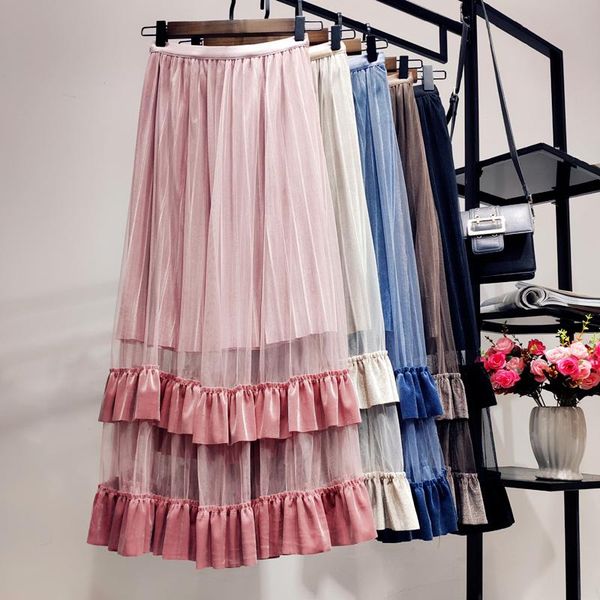 

skirts spring women velvet skirt female velour stitching mesh pleated ladies fashion ruffles double deck middle, Black