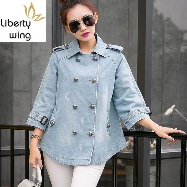 

women's jackets italy womens poncho double breasted persoanlity epaulet denim outwear coat short loose washed jeans cloak, Black;brown