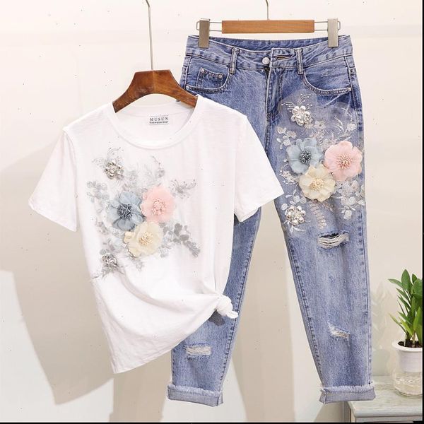 

summer women tracksuits 2 piece set heavy work embroidery 3d flower tshirts hole jeans 2pcs clothes sets casual suits outfits, Gray