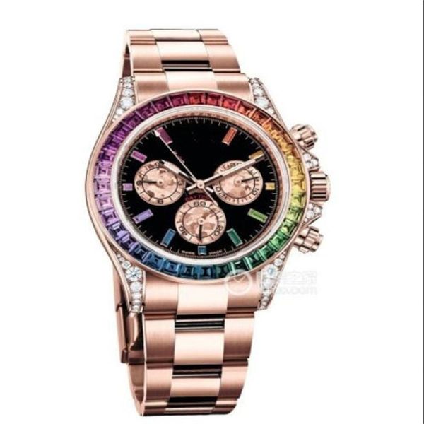 

wristwatches luxury watch mens 40mm 116505 solid rose gold black dial rainbow bezel steel bracelet automatic fashion men, Slivery;brown