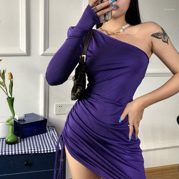 

casual dresses one-sleeve mini dress women chic outfits ruched shoulder padded bandage drawstring purple streetwear, Black;gray