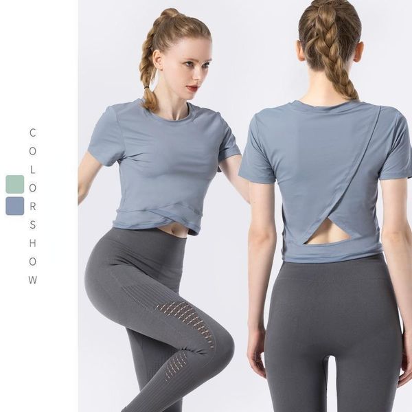 

yoga outfit hollow workout training for fitness women sportwear short sleeve women's sport t-shirt gym clothing shirt wear 2021