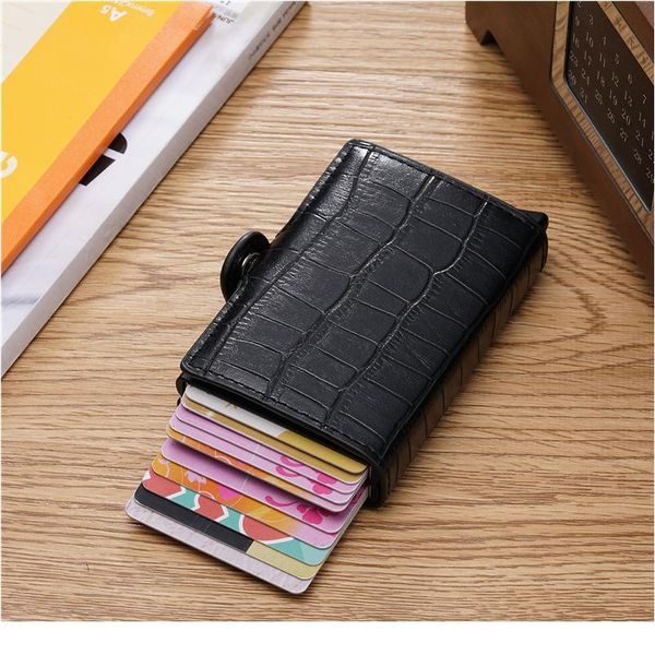 

bycobecy anti rfid men leather credit card holder double layers metal id card case aluminium card protection male trave jlllor